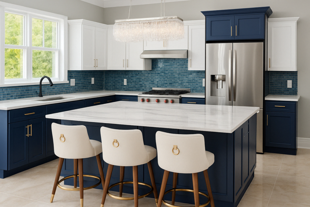 Remodeled Kitchen Remodel in Warner Robins - Navy and White Cabinets, Granite Countertops with Island